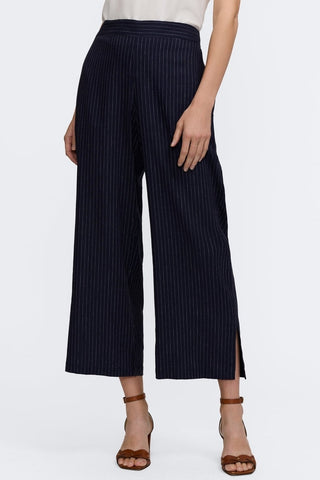 Front view of classic pinstripe wide leg cropped pants 