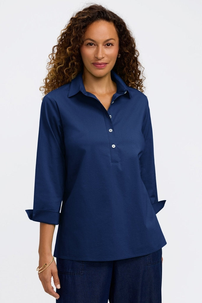 Therese no iron stretch 3/4 sleeve popover shirt in navy