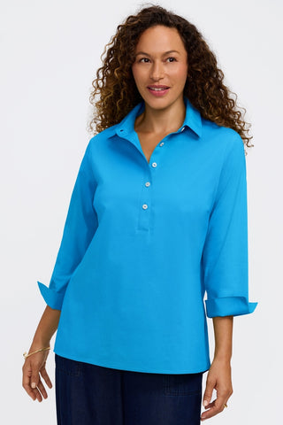 Front view of model wearing the Therese No Iron Stretch 3/4 Sleeve Popover Shirt
#color_malibu blue