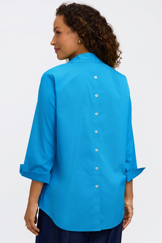 Back view of the Therese No Iron Stretch 3/4 Sleeve Popover Shirt featuring the button down details on the back #color_malibu blue