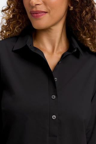 Close up view of the collar and neckline of the Therese No Iron Stretch 3/4 Sleeve Popover Shirt #color_black