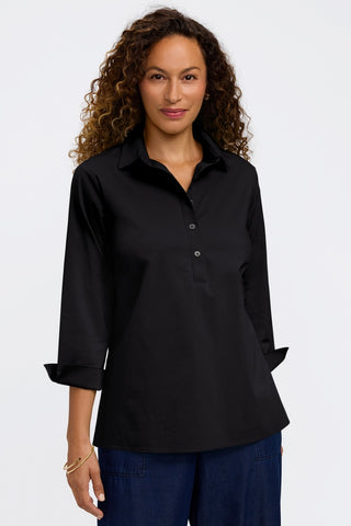 Front view of model wearing the Therese No Iron Stretch 3/4 Sleeve Popover Shirt
#color_black