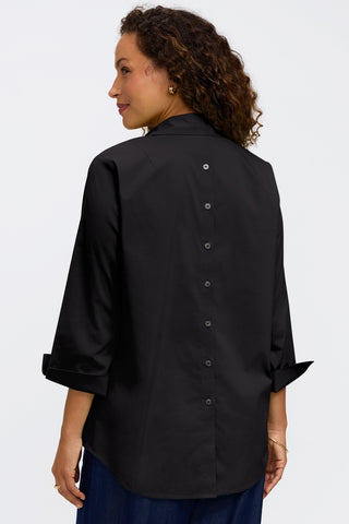 Back view of model wearing the Therese No Iron Stretch 3/4 Sleeve Popover Shirt
 showing off the button down details on the back #color_black
