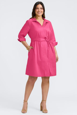 Plus-size woman wearing Foxcroft Agnes matte sateen dress in pink with a flattering fit.