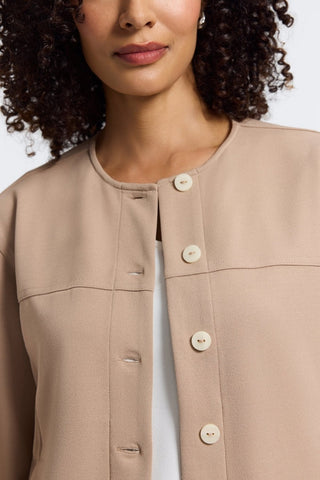 Close up view of the collarless neckline of the Valerie Plus Knit Crepe Long Sleeve Jacket #color_khaki