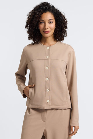 Front view of the Valerie Plus Knit Crepe Long Sleeve Jacket showcasing the full frontal button coverage #color_khaki