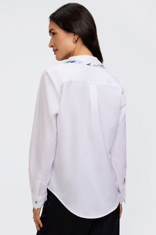 Rear view of the Charlie tropical watercolor long sleeve shirt with rounded hem