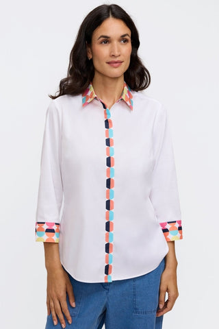 Front view of the Luna Retro Dot 3/4 Sleeve Shirt worn untucked with a pair of jeans