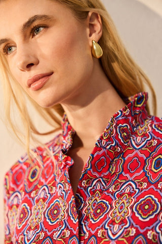 Tammy Geometric Tile Knit Crepe 3/4 Sleeve Popover Shirt