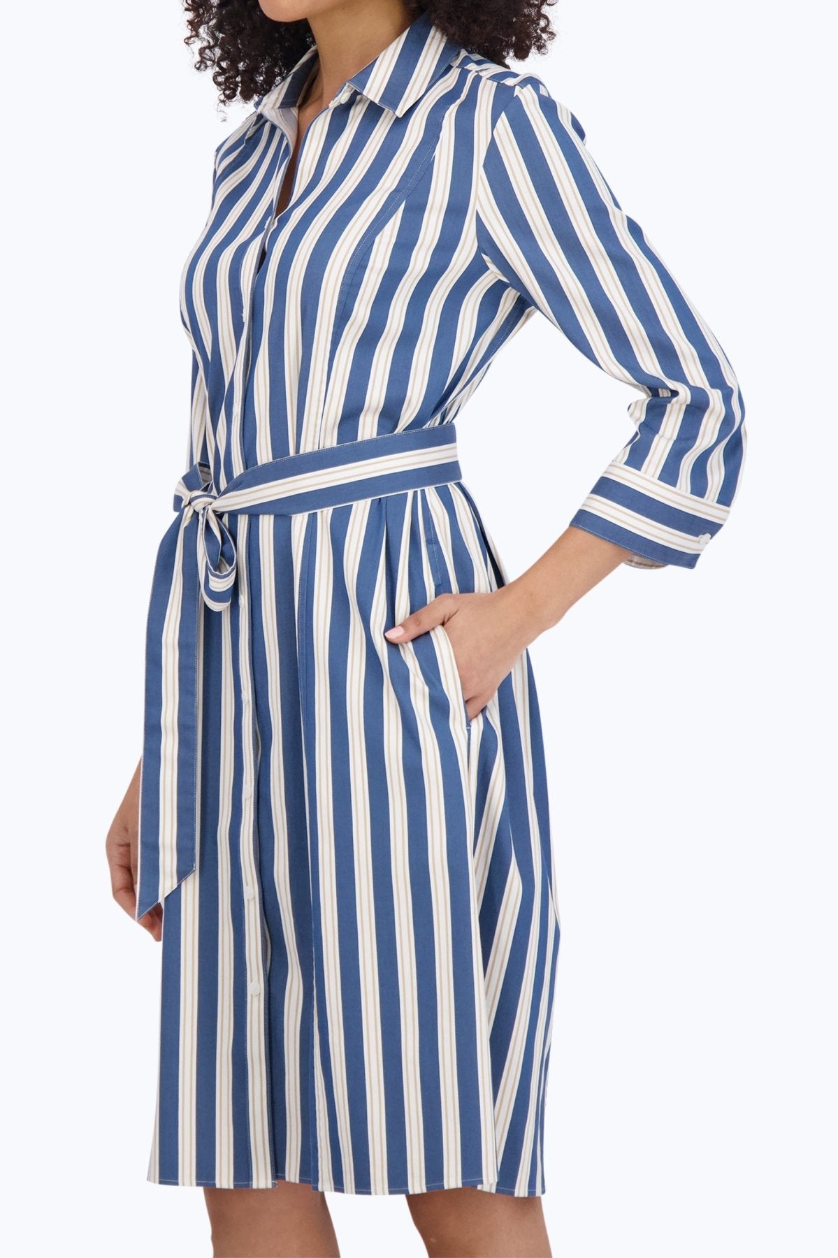 Fiona Stretch Indigo Stripe 3/4 Sleeve Dress