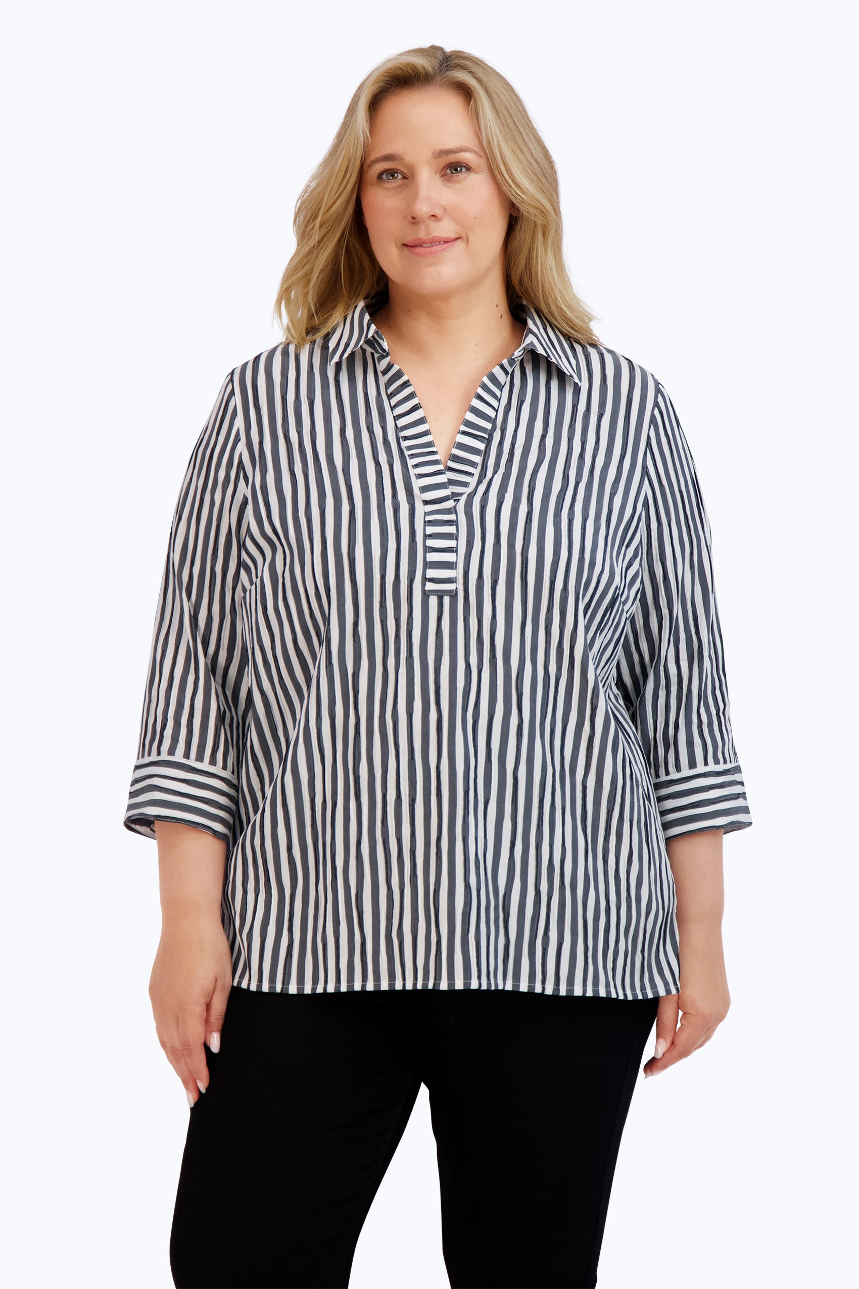 Sophia Plus Crinkle Stripe Combo Shirt