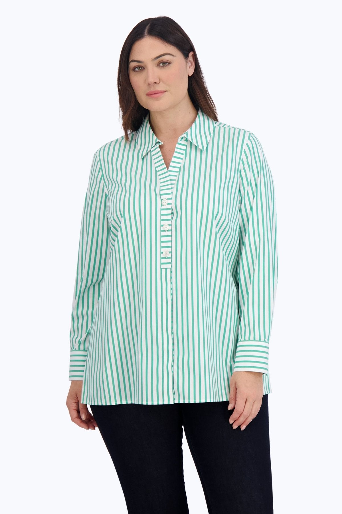 Pamela Plus No Iron Stretch Stripe Long Sleeve Shirt, Kelly Green