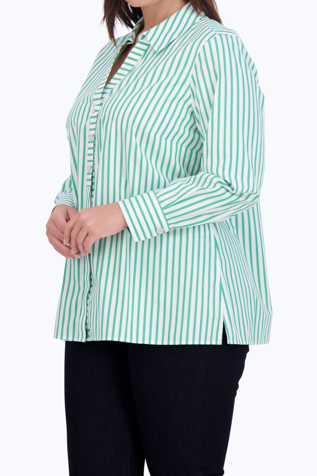 Pamela Plus No Iron Stretch Stripe Long Sleeve Shirt, Kelly Green