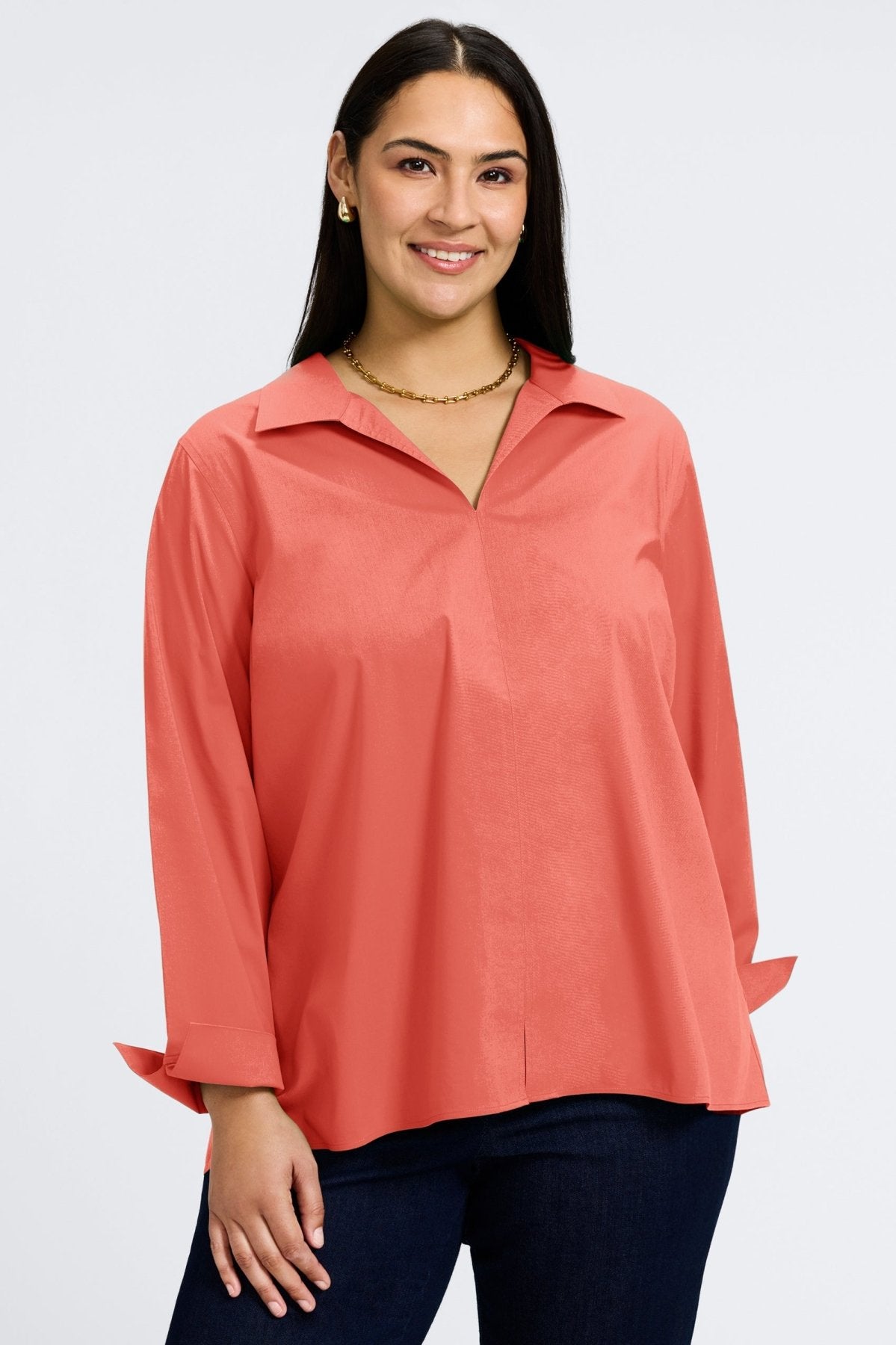 Plus-size Foxcroft Agnes blouse in vibrant tangerine color