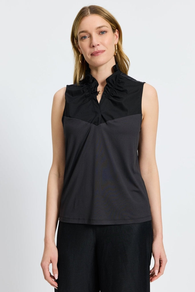 Front view of Tammy Knit-Woven Ruffle Collar Sleeveless Layering Tank #color_black
