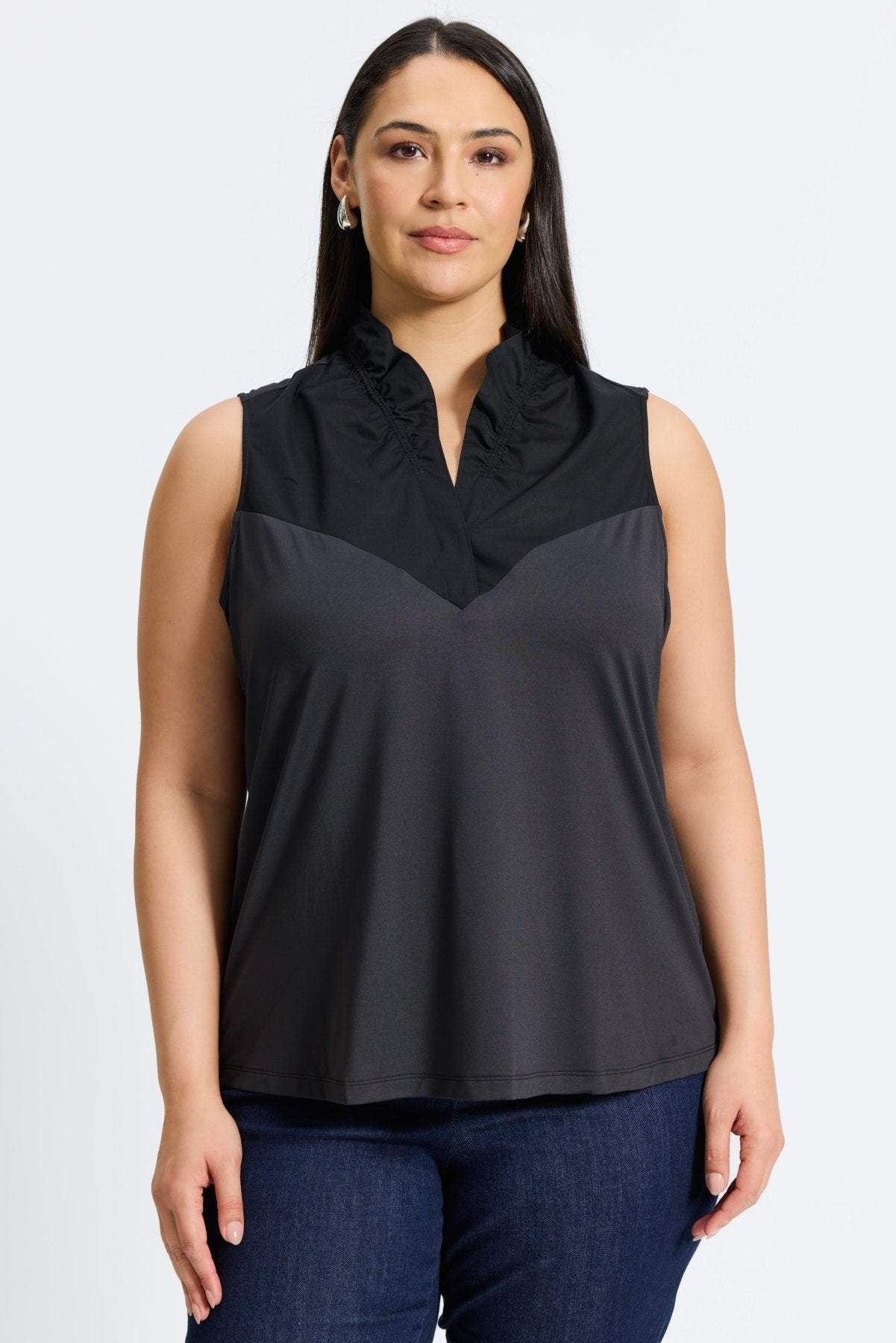 Tammy Plus Knit-Woven Ruffle Collar Sleeveless Layering Tank