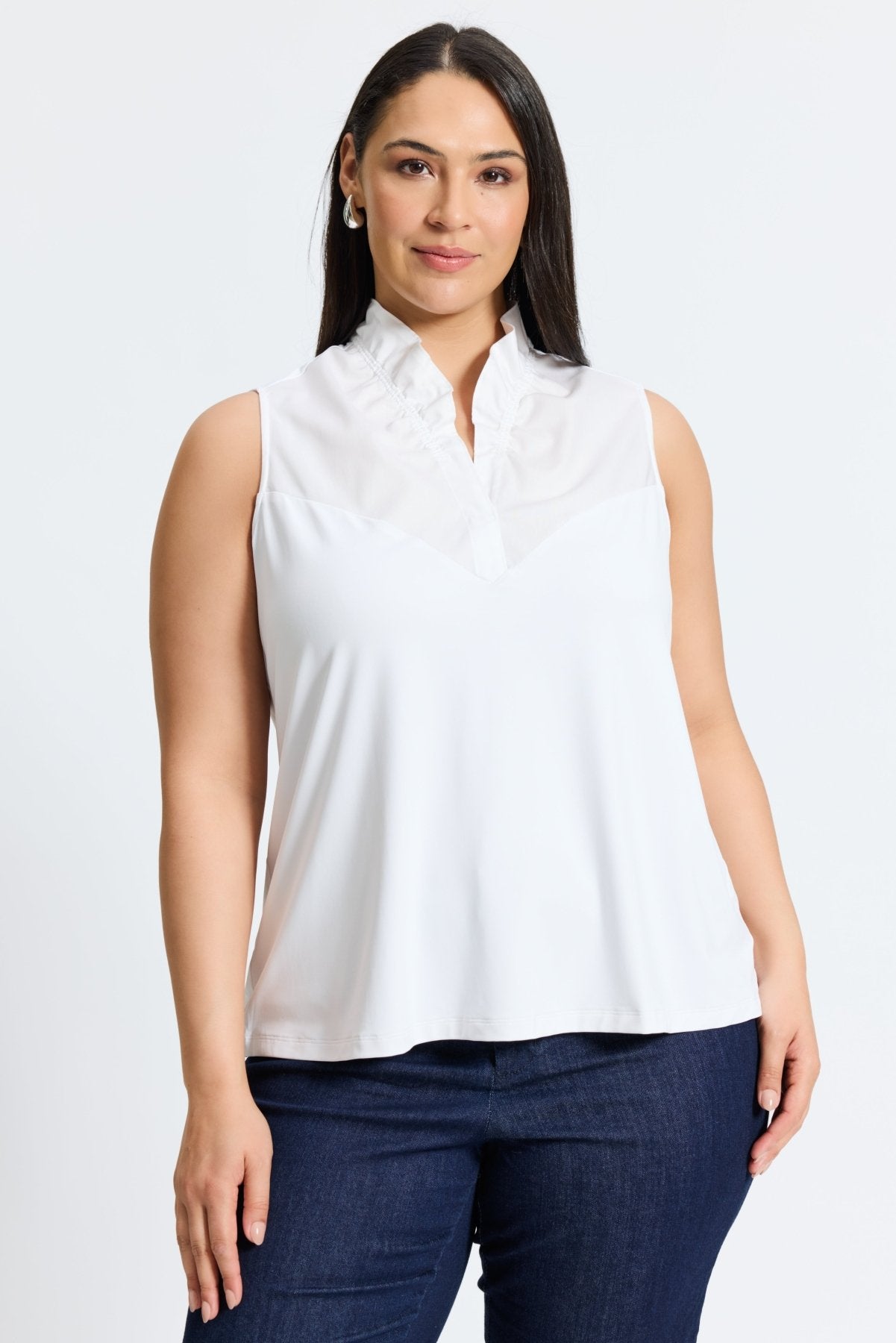 Tammy Plus Knit-Woven Ruffle Collar Sleeveless Layering Tank