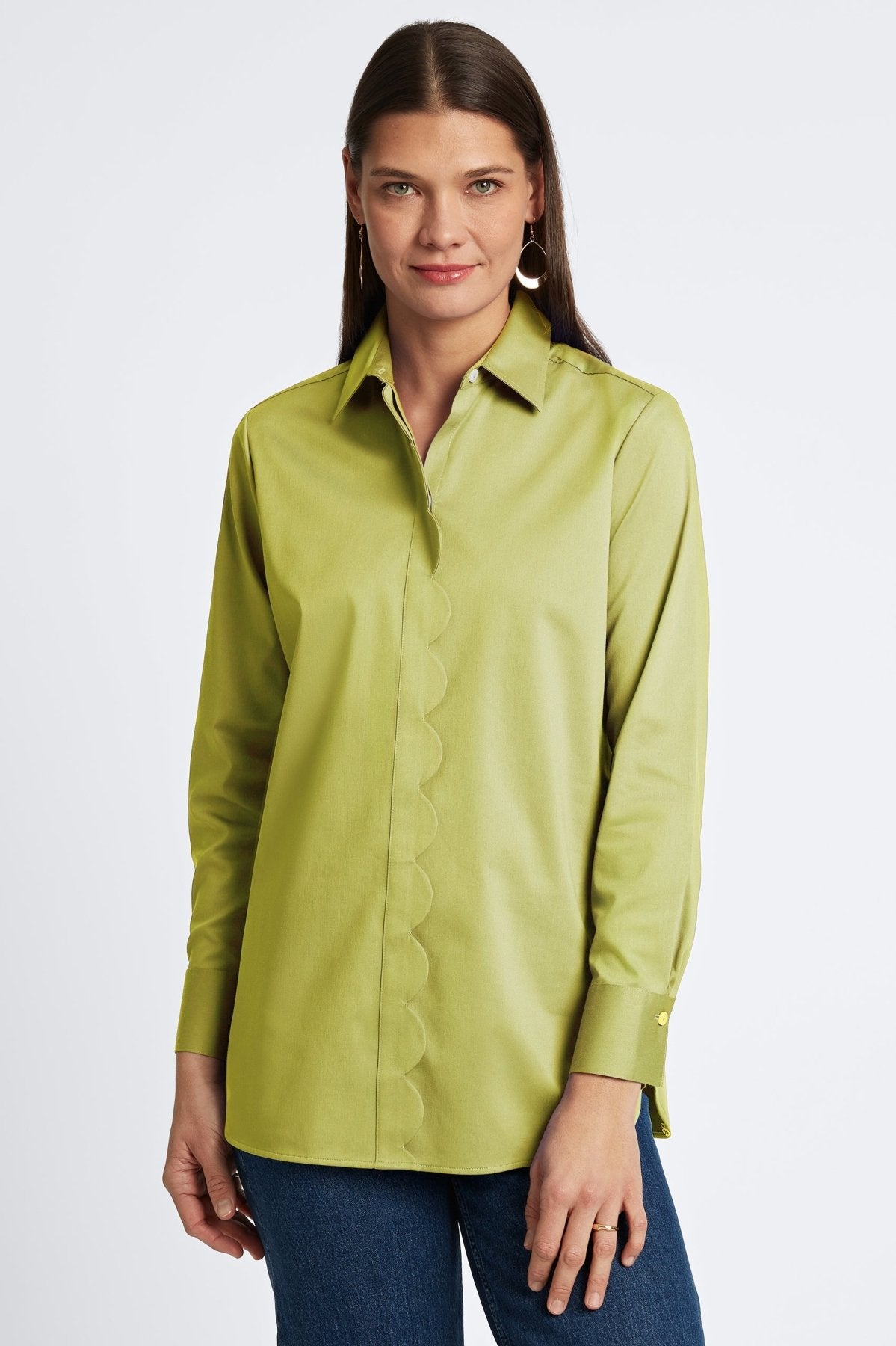 Stylish green Foxcroft no-iron shirt, modeled for comfort and timeless fashion.