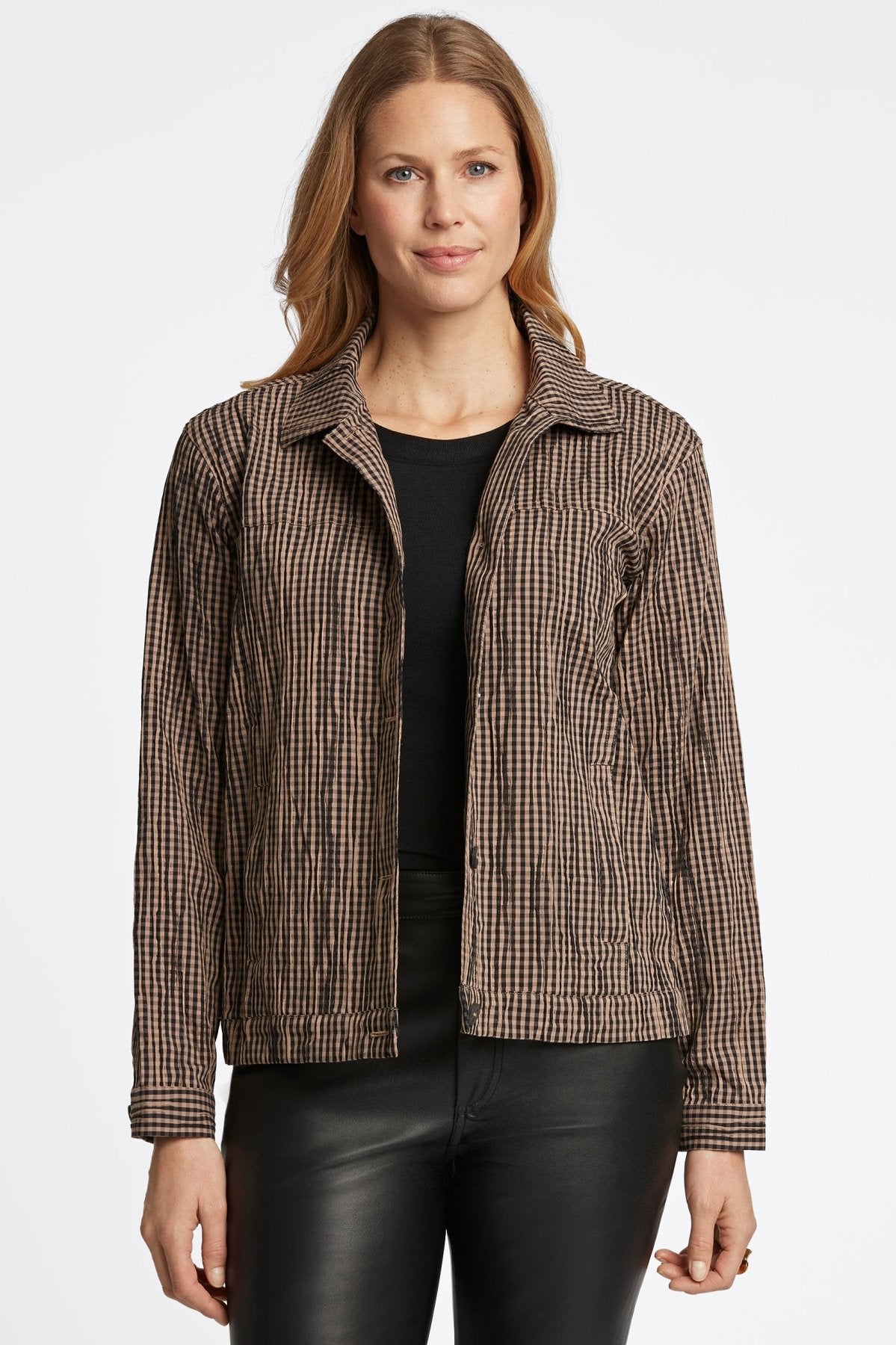 Thelma Mini Gingham Crinkle Long Sleeve Jean Jacket