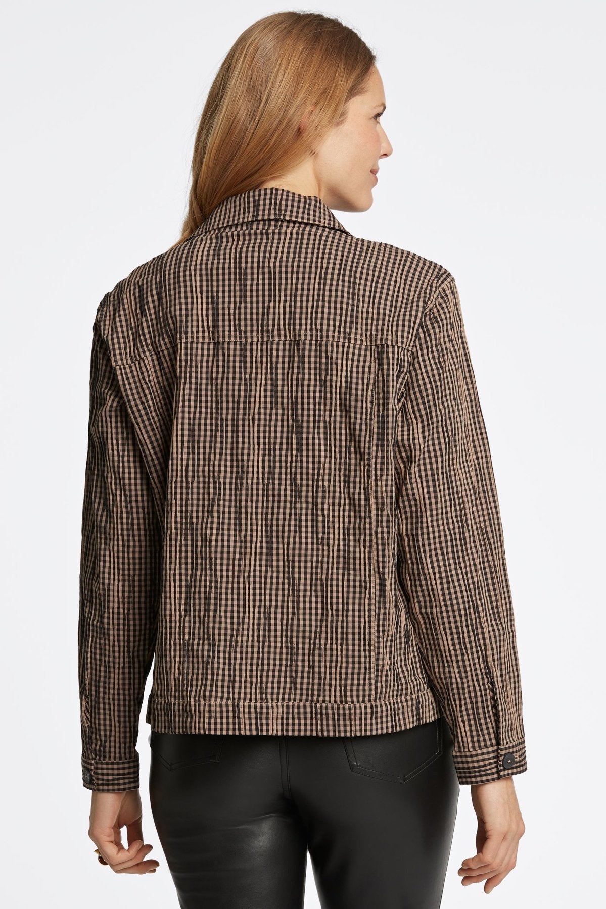 Thelma Mini Gingham Crinkle Long Sleeve Jean Jacket