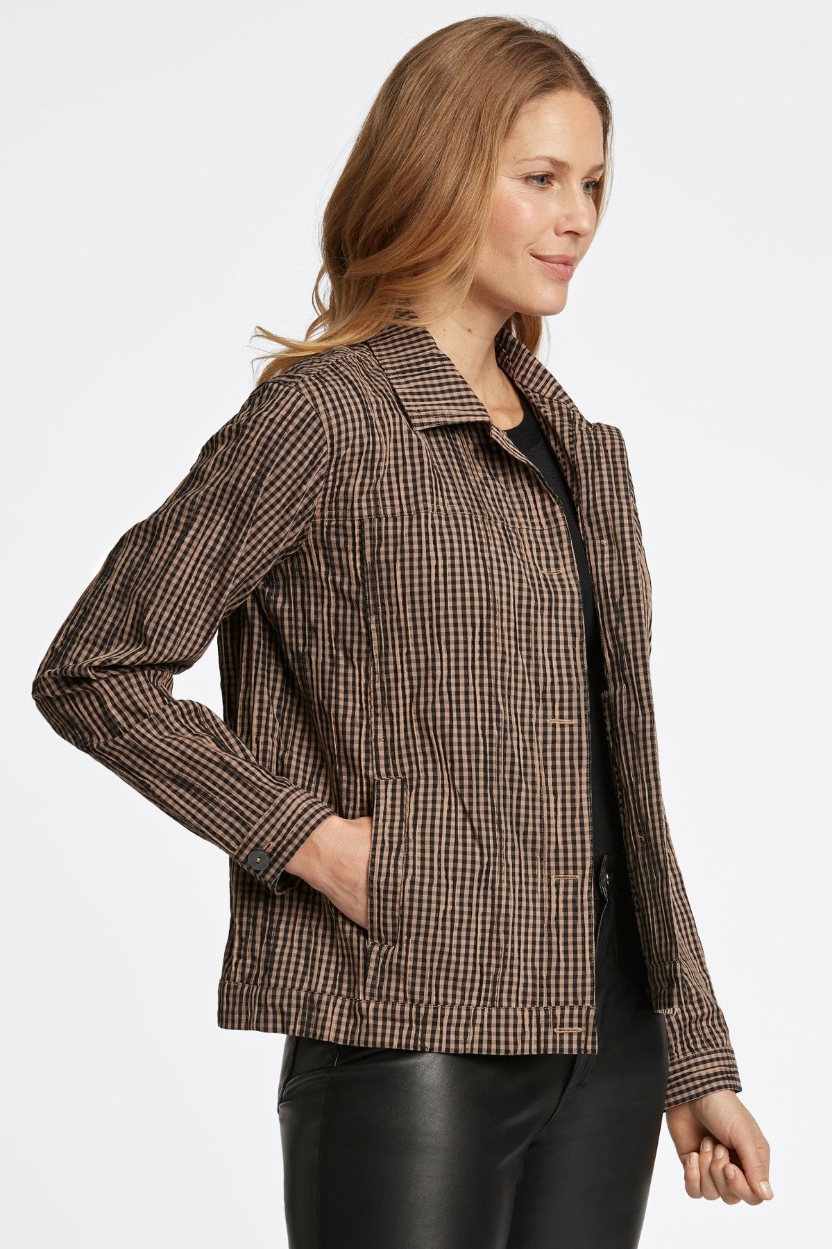 Thelma Mini Gingham Crinkle Long Sleeve Jean Jacket