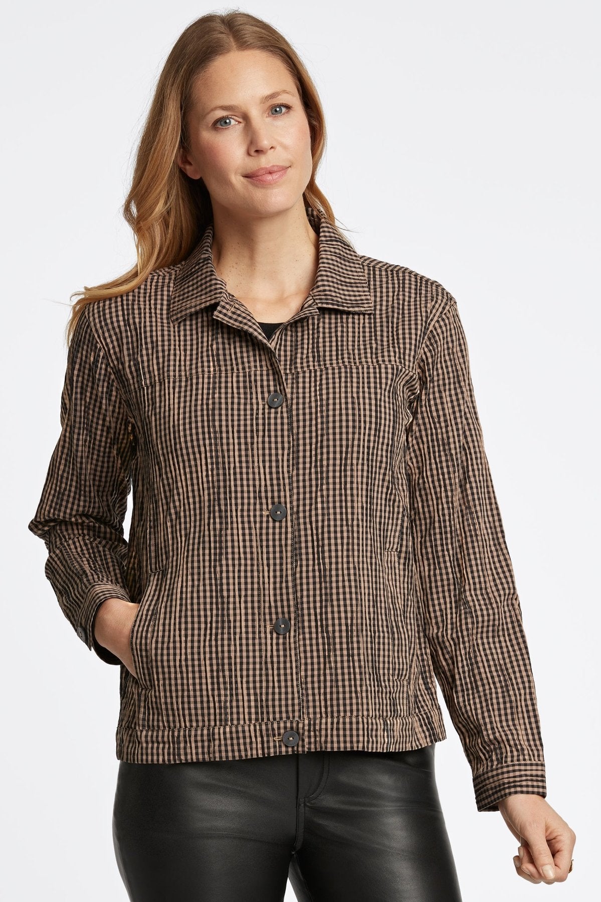 Thelma Mini Gingham Crinkle Long Sleeve Jean Jacket