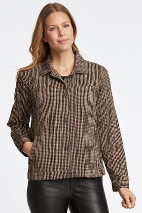 Thelma Mini Gingham Crinkle Long Sleeve Jean Jacket