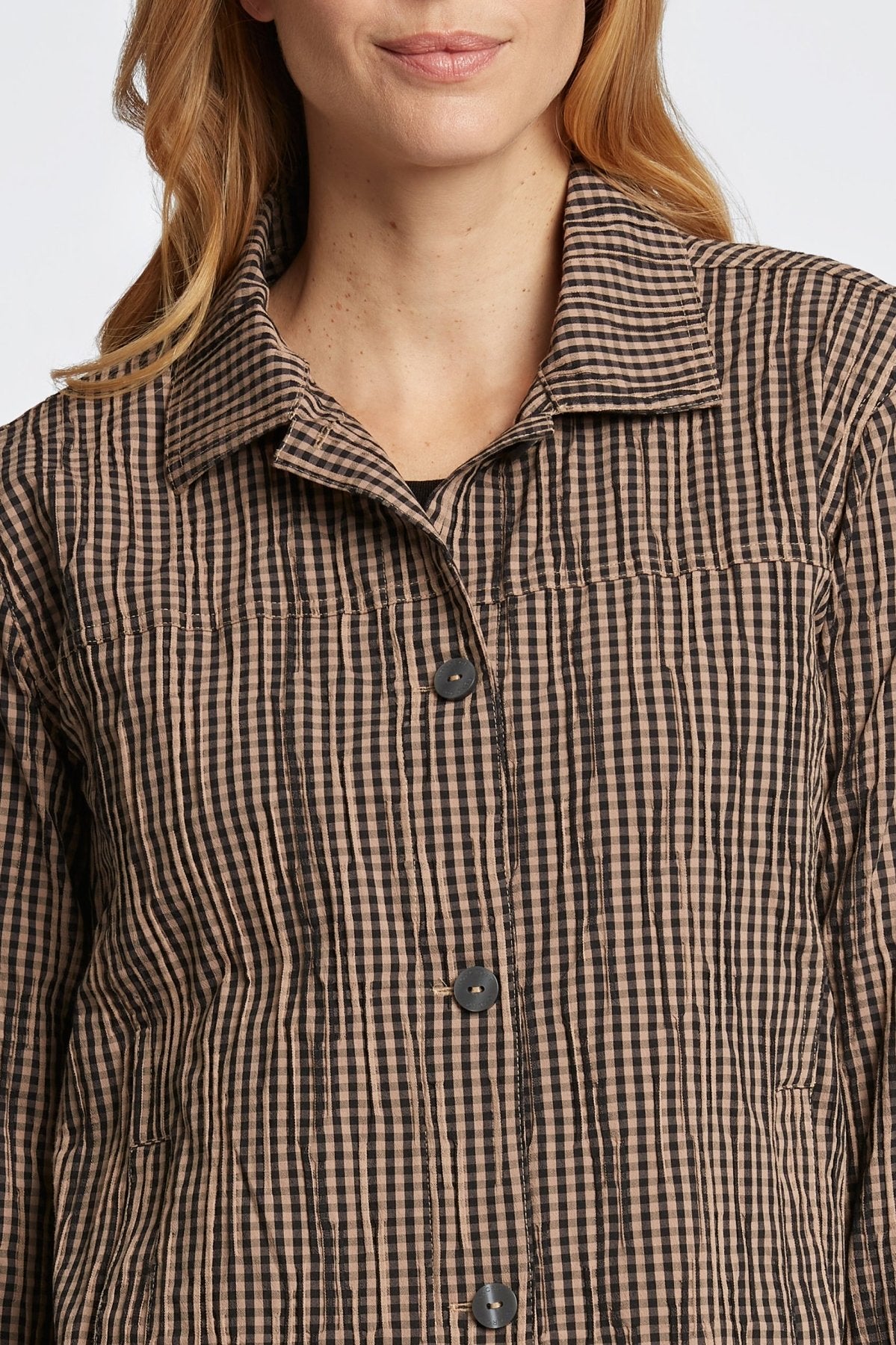 Thelma Mini Gingham Crinkle Long Sleeve Jean Jacket