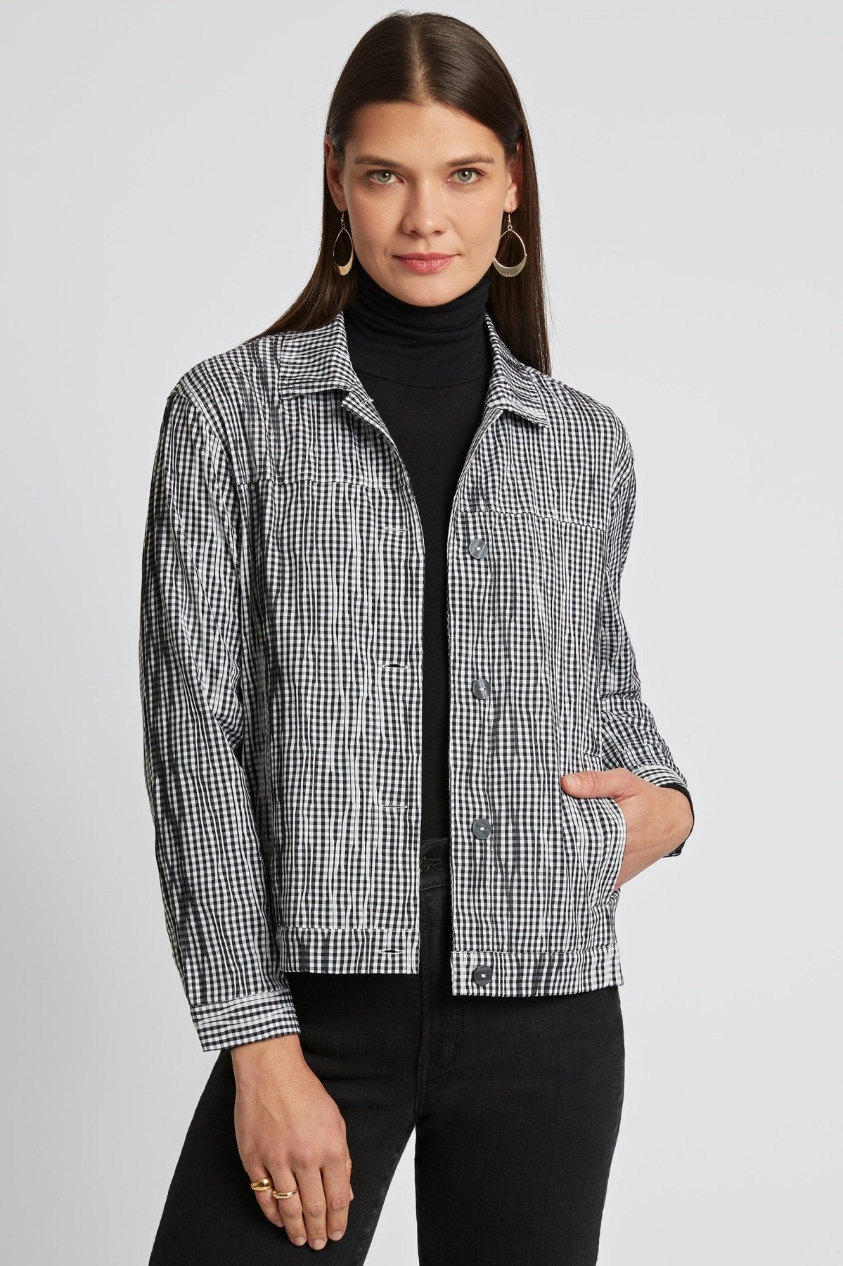 Thelma Mini Gingham Crinkle Long Sleeve Jean Jacket