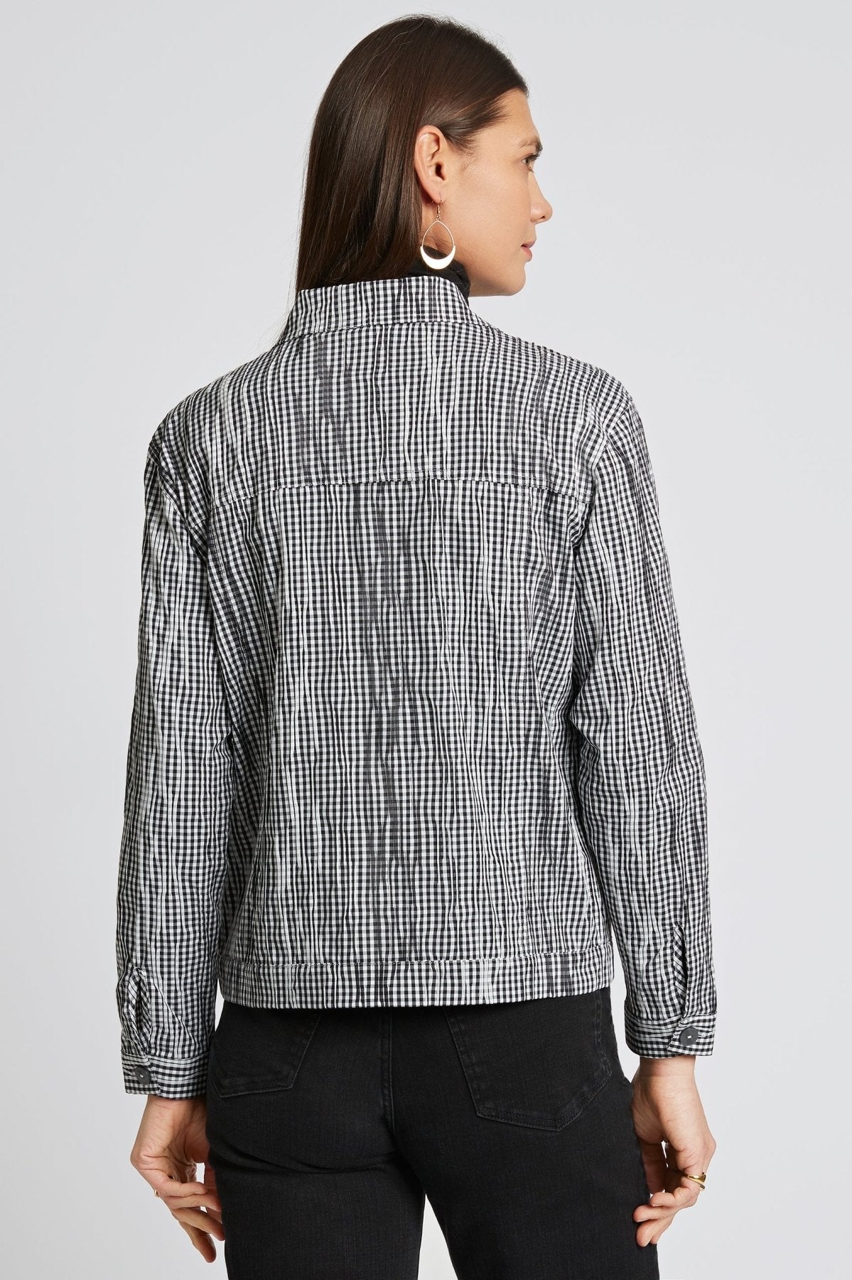 Thelma Mini Gingham Crinkle Long Sleeve Jean Jacket