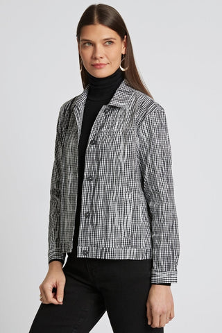 #color_black/white Effortless and wrinkle-free in a checkered patterned Foxcroft no-iron shirt, modeled for all-day versatility.