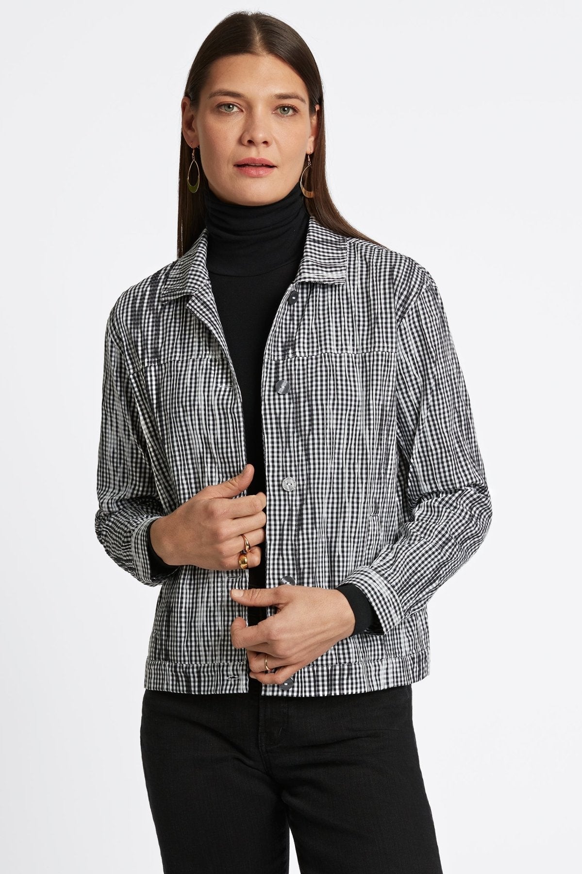Thelma Mini Gingham Crinkle Long Sleeve Jean Jacket