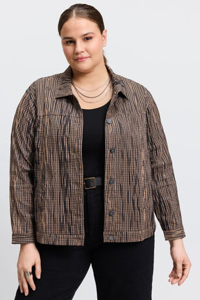 Thelma Plus Mini Gingham Crinkle Long Sleeve Jean Jacket