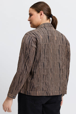 Thelma Plus Mini Gingham Crinkle Long Sleeve Jean Jacket