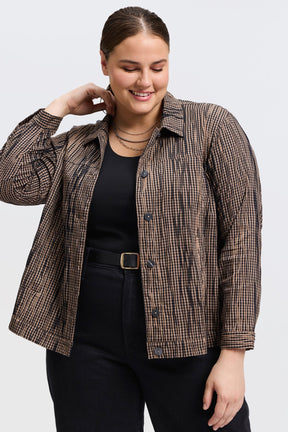 Thelma Plus Mini Gingham Crinkle Long Sleeve Jean Jacket