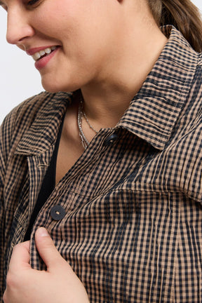 Thelma Plus Mini Gingham Crinkle Long Sleeve Jean Jacket