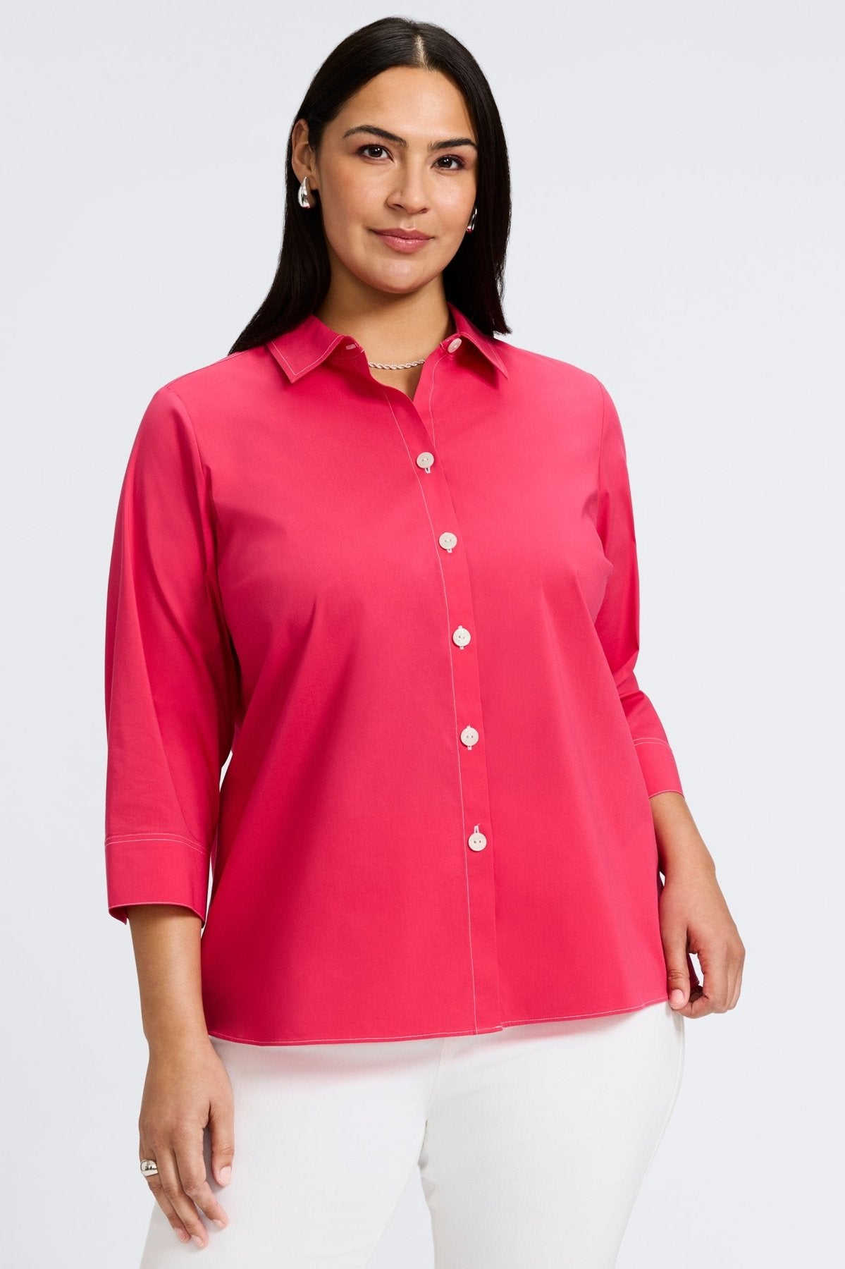 Kelly Plus No Iron Stretch Contrast Stitch 3/4 Sleeve Shirt