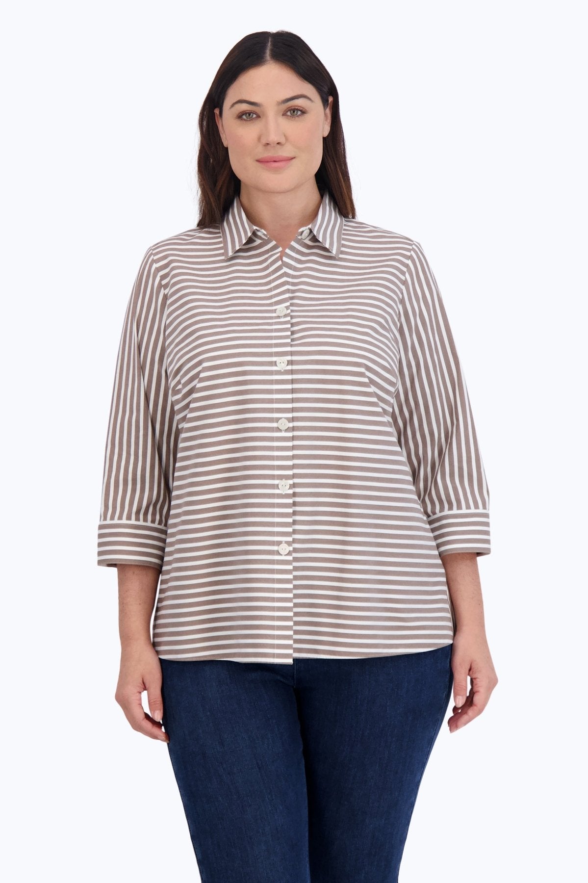 Foxcroft no-iron button-down in brown stripes, styled for effortless elegance in plus-size fashion.