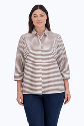 Foxcroft no-iron button-down in brown stripes, styled for effortless elegance in plus-size fashion.