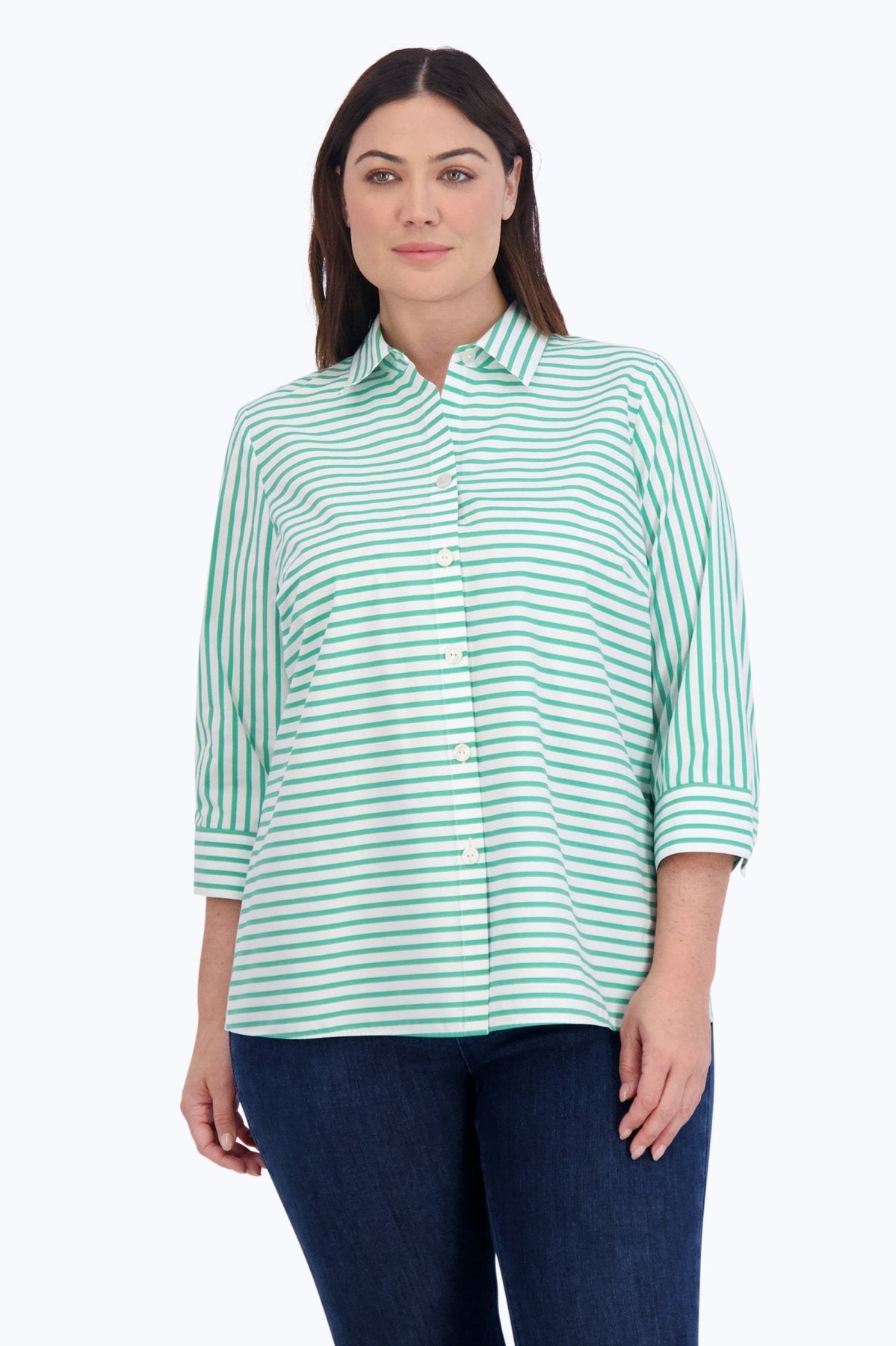 Kelly Plus No Iron Stretch Stripe 3/4 Sleeve Shirt