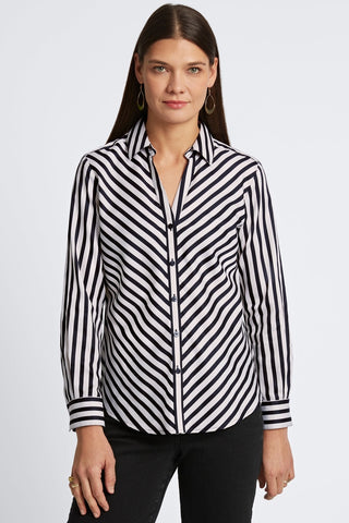 Front view of woman wearing the Mary Stripe & Gingham Long Sleeve Shirt #color_silver birch stripe w/ gingham border