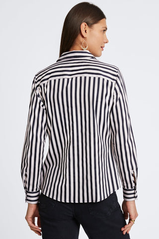 Back view of woman wearing the Mary Stripe & Gingham Long Sleeve Shirt #color_silver birch stripe w/ gingham border