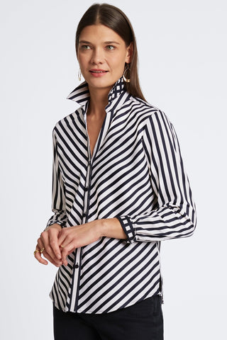 Angled front view of the Mary Stripe & Gingham Long Sleeve Shirt with an unfolded collar and folded sleeves showing the gingham pattern #color_silver birch stripe w/ gingham border