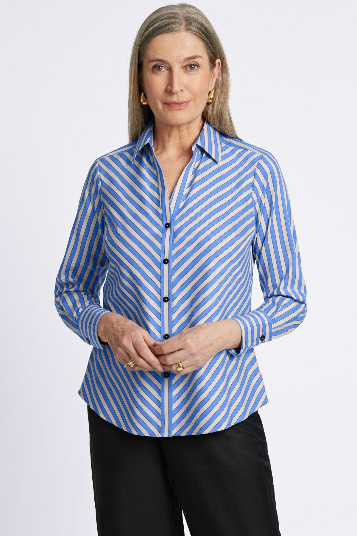 Mary No Iron Stretch Striped Long Sleeve Shirt