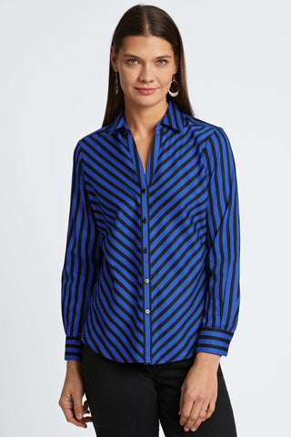 Front view of a woman wearing the Mary Stripe & Gingham Long Sleeve Shirt #color_sapphire stripe w/ gingham border