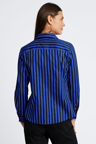 Back view of woman wearing the Mary Stripe & Gingham Long Sleeve Shirt #color_sapphire stripe w/ gingham border