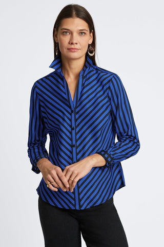 Front view of women wearing the Mary Stripe & Gingham Long Sleeve Shirt with an unfolded collar and folded cuffs to show the gingham pattern #color_sapphire stripe w/ gingham border