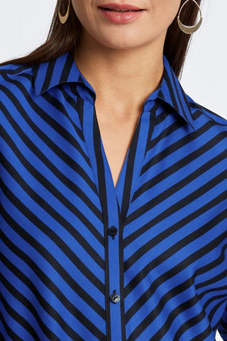 Close up view of the neckline and collar of the Mary Stripe & Gingham Long Sleeve Shirt #color_sapphire stripe w/ gingham border