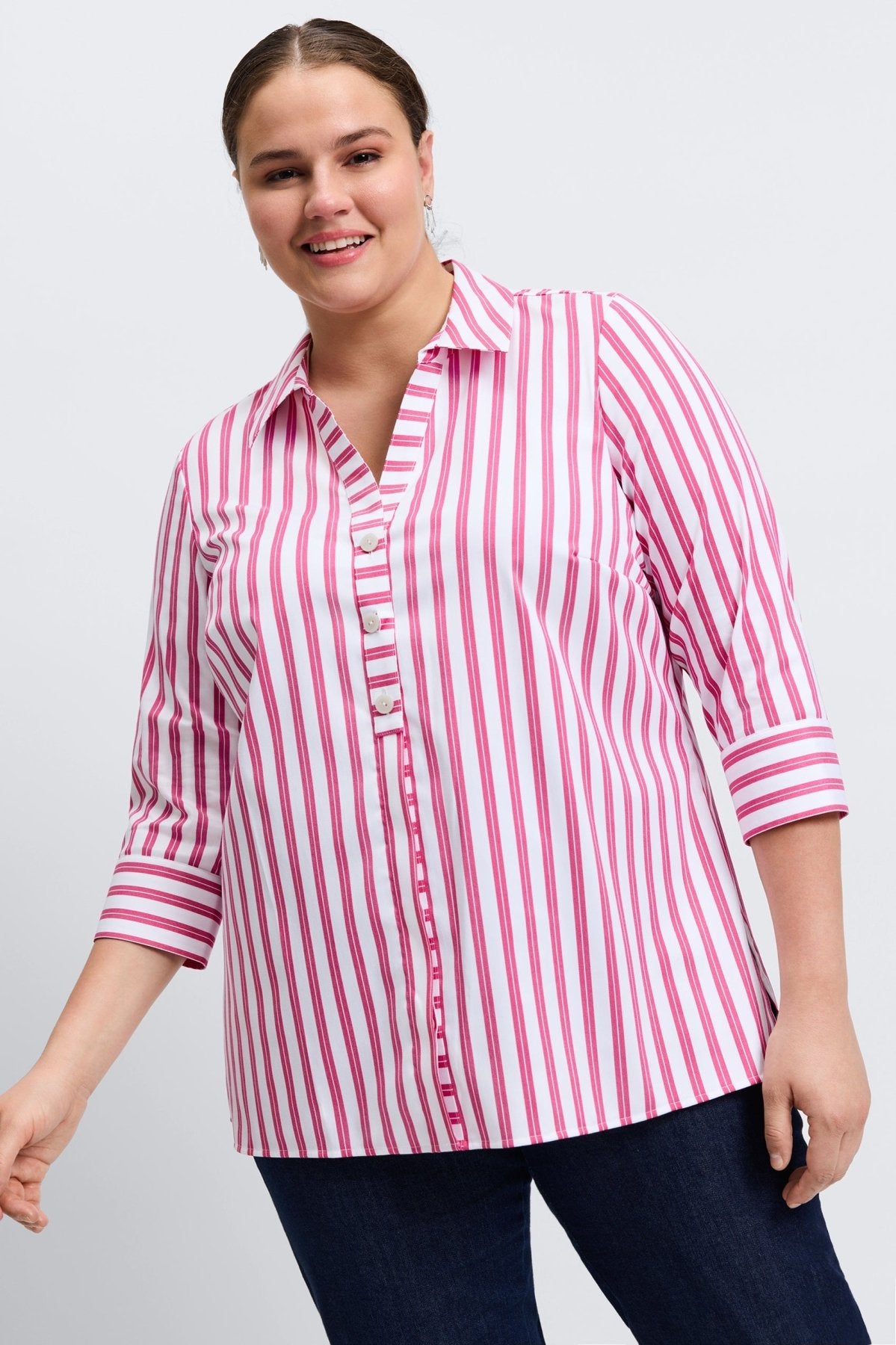Pamela Plus No Iron Stretch Stripe 3/4 Sleeve Tunic- Foxcroft