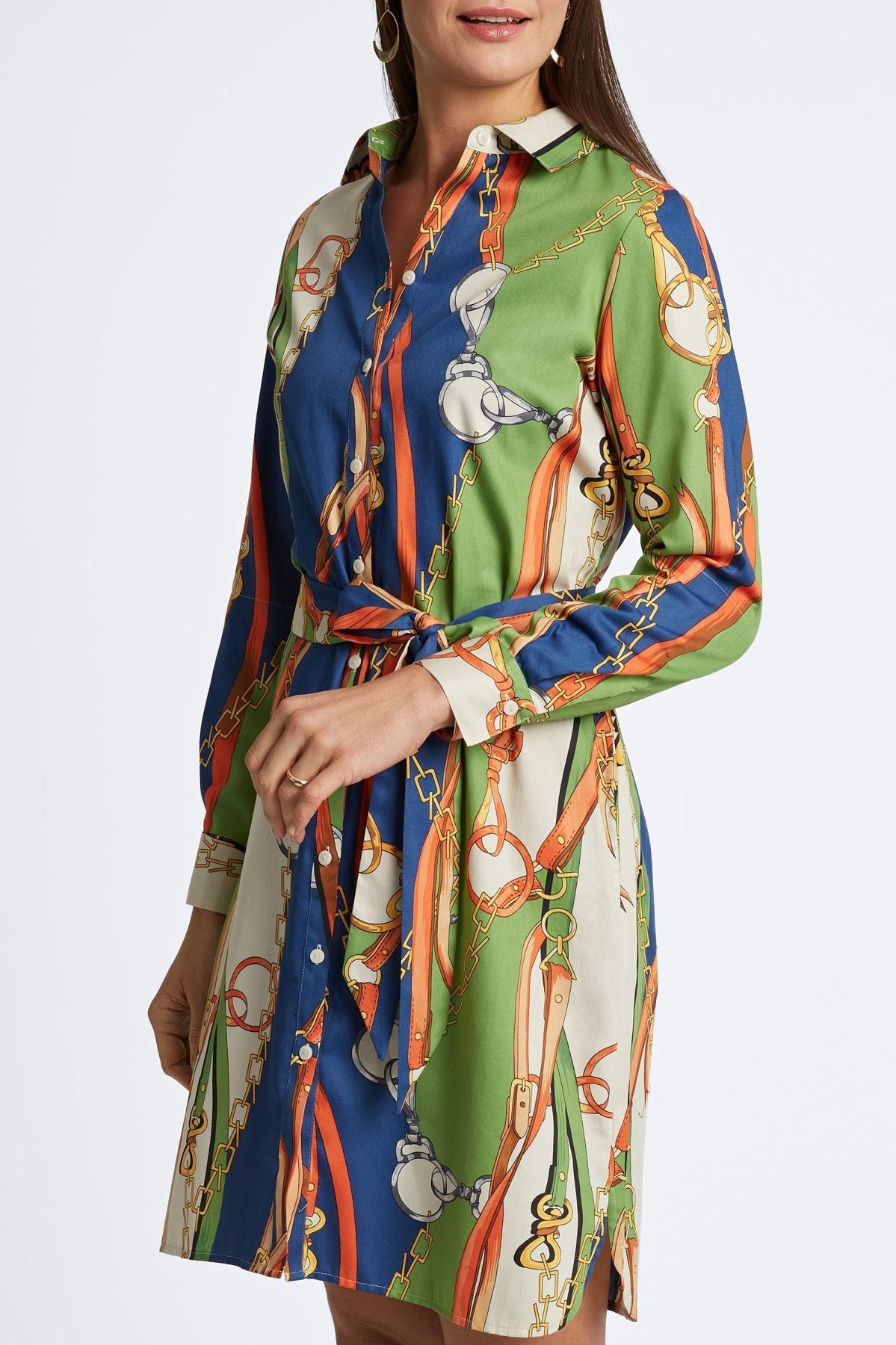 Zip Front Roll Tab Sleeve Curved Hem Tunic Dress Above Knee